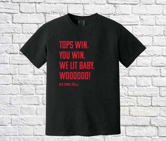 Tops Win, You Win Short Sleeve T-shirt- Black Shirt with Red Font