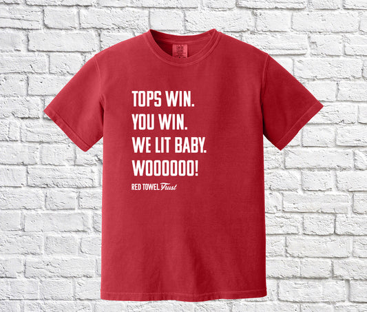 Tops Win, You Win Short Sleeve T-shirt- Red Shirt with White Font